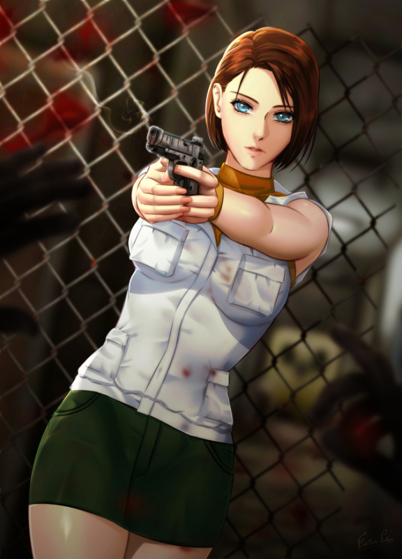 1girl, aiming, blue_eyes, brown_hair, cosplay, esther_shen, green_skirt, gun