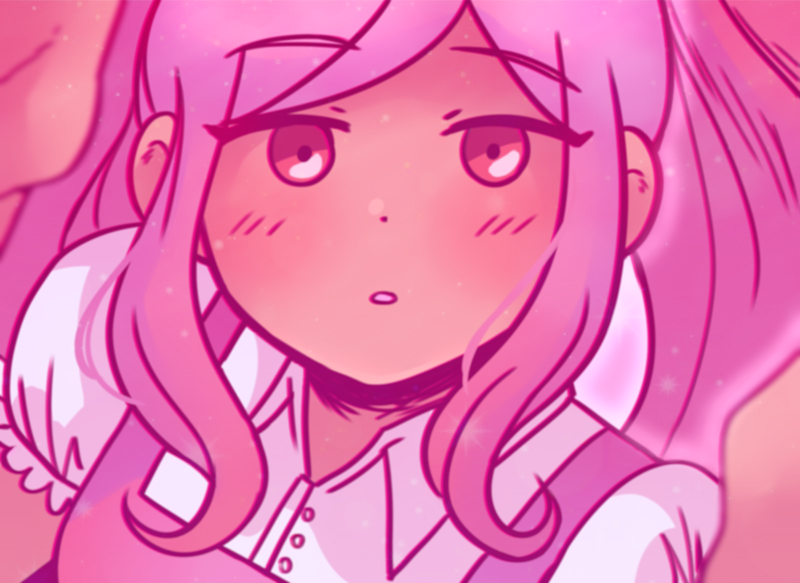 1girl, blush, commentary, dark-skinned_female, dark_skin, dress, english_commentary, frilled_sleeves, frills, from_above, imperfectheart, light_particles, long_hair, looking_at_viewer, no_sclera, omori, parted_lips, perfectheart_(omori), pink_background, pink_dress, pink_hair, pink_theme, portrait, puffy_short_sleeves, puffy_sleeves, red_eyes, selfie, shirt, short_sleeves, sidelocks, simple_background, sleeveless, sleeveless_dress, solo, twintails, white_shirt