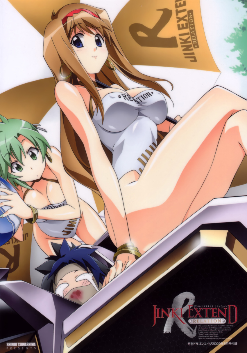 ball, blue_eyes, breasts, brown_hair, cleavage, earrings, green_eyes, green_hair