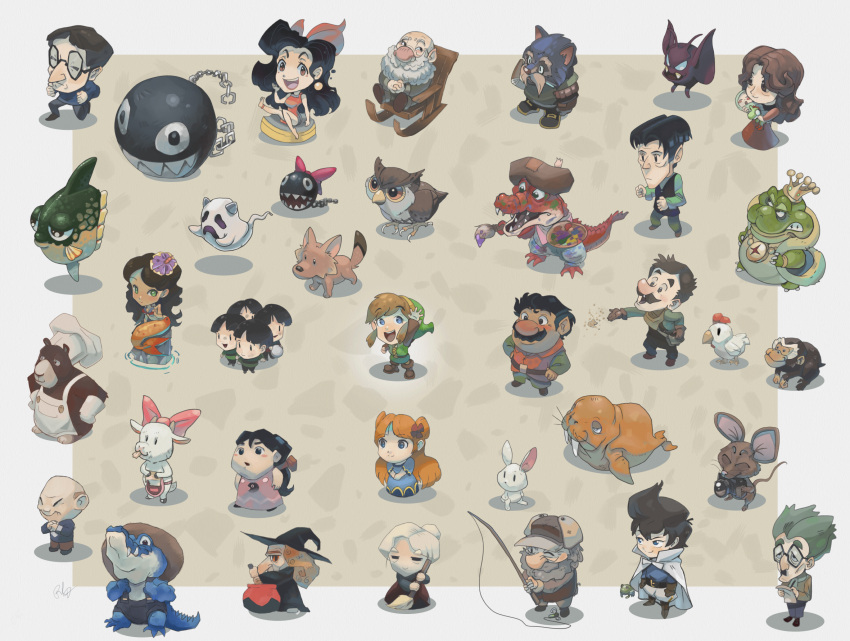 6+boys, 6+girls, animal, apron, arm_up, baby, bald, bear, beard, belt, bird, black_hair, black_hat, blue_dress, blue_eyes, bow, bow_wow_(zelda), broom, brown_belt, brown_hair, camera, carrying, carrying_baby, carrying_person, chain_chomp, chair, cheekbones, chef_bear, chef_hat, chibi, chicken, christine_(zelda), crazy_tracy, crocodilian, crown, cucco, cucco_keeper, dress, earrings, facial_hair, fish, fisherman_(link's_awakening), fishing_rod, fox, ghost, ghost_by_the_bay_(link's_awakening), glasses, grandma_ulria, green_hair, green_hat, green_tunic, hat, highres, holding, holding_broom, holding_camera, holding_fishing_rod, holding_paint_palette, holding_paintbrush, item_trader_(link's_awakening), jewelry, kiki_(zelda), link, long_hair, mad_batter, madam_meowmeow, manbo_(zelda), marin_(zelda), mermaid_(link's_awakening), monkey, monster, mr._write, multiple_boys, multiple_girls, mustache, ocean_sunfish, old, old_man, old_man_ulrira_(zelda), old_woman, open_mouth, overalls, owl, owl_(link's_awakening), own_hands_clasped, own_hands_together, paint_palette, paintbrush, papahl, phil_dragash, photographer_(link's_awakening), pink_dress, pointy_ears, pointy_nose, prince_richard_(kaeru_no_tame_ni_kane_wa_naru), quadruple_wielding, rabbit_(zelda), red_shirt, rocking_chair, sale_(link's_awakening), schule_donavitch, sharp_teeth, shirt, short_hair, signature, straw_hat, syrup_(zelda), tarin, teeth, the_legend_of_zelda, the_legend_of_zelda:_link's_awakening, throwing, throwing_food, town_tool_shopkeeper_(link's_awakening), trendy_game_shop_owner, tunic, walrus_(link's_awakening), wart_(mario), waving, white_apron, witch_hat, yip_yip
