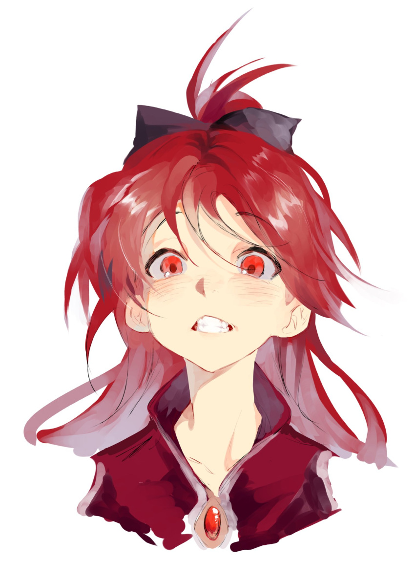 ahoge, black_bow, blush, bo4turtle, bow, clenched_teeth, hair_between_eyes, hair_bow, highres, long_hair, looking_at_viewer, mahou_shoujo_madoka_magica, portrait, raised_eyebrows, red_eyes, red_hair, red_suit, sakura_kyoko, sakura_kyoko_(magical_girl), simple_background, soul_gem, suit, teeth, white_background