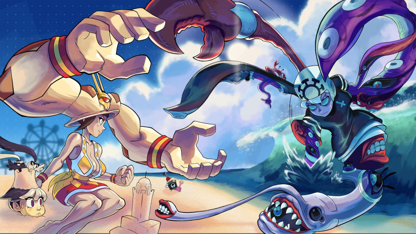 2girls, animal, animal_on_head, argyle_clothes, bird, bird_on_head, breasts, cerebella_(skullgirls), cosplay, cross, cross_necklace, double_(skullgirls), dress, eldritch_abomination, extra_eyes, extra_mouth, facial_tattoo, feng_(skullgirls), ferris_wheel, hat, highres, inverted_cross, jewelry, large_breasts, mellow_marz, monster, multiple_girls, necklace, nervous_sweating, nun, ocean, on_head, sand_castle, sand_sculpture, short_dress, short_hair, skullgirls, sweat, tattoo, tentacles, traditional_nun, ursula_(disney), ursula_(disney)_(cosplay), vice-versa_(skullgirls), wimple, zangief, zangief_(cosplay)