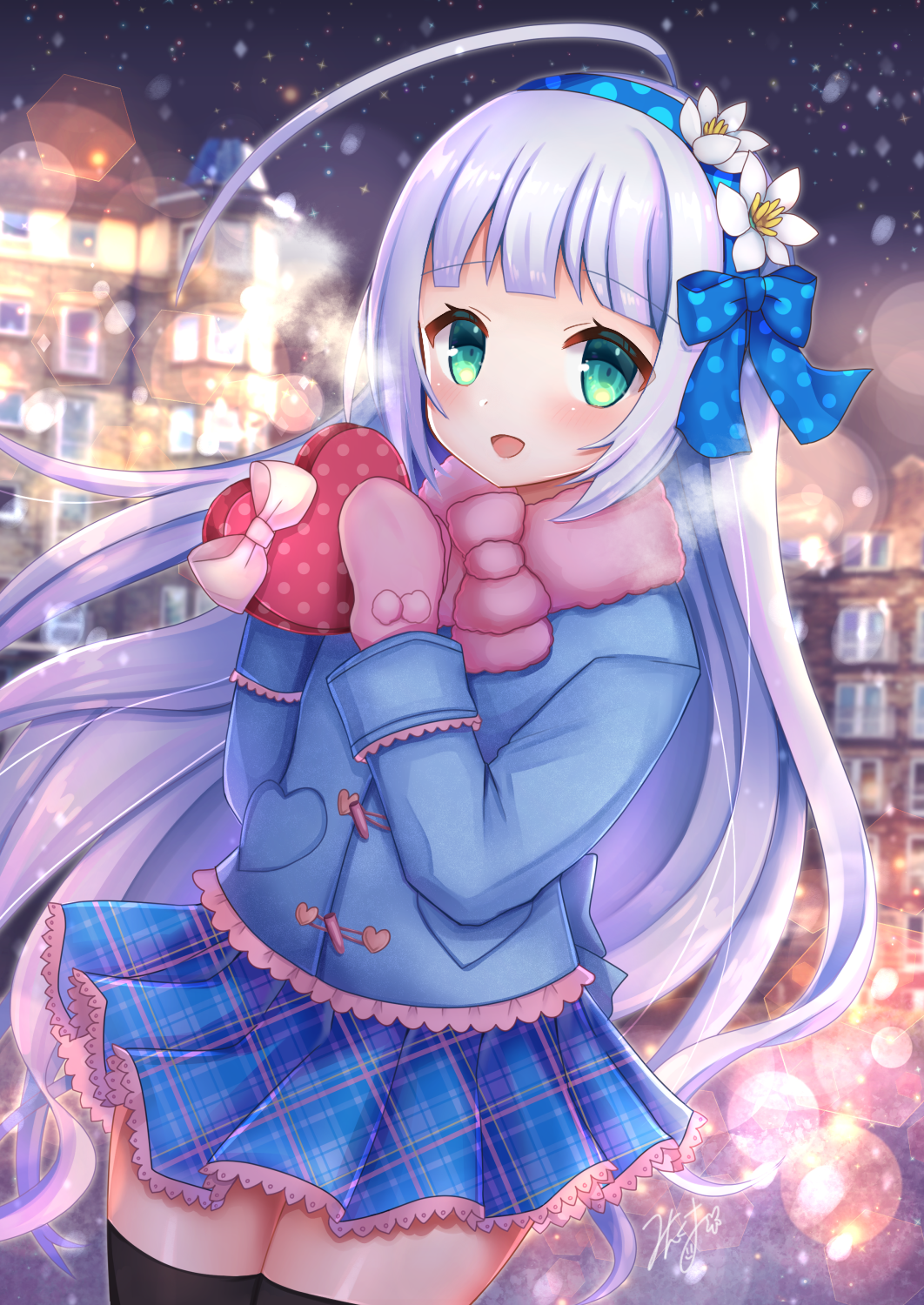 1girl, :d, ahoge, black_thighhighs, blue_bow, blue_coat, blue_skirt, blurry