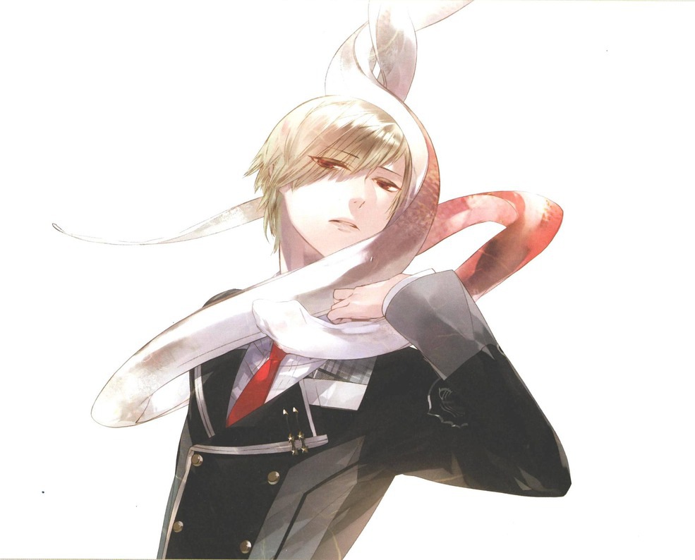 brown_hair, hair_over_one_eye, kagurazaka_shiki, long_sleeves, male, necktie, ophiuchus_(zodiac), red_eyes