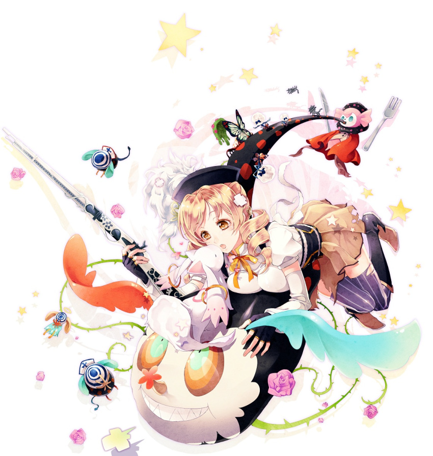 anthony_(madoka_magica), bandaid, beret, blonde_hair, boots, butterfly, charlotte_(madoka_magica), colored_eyelashes