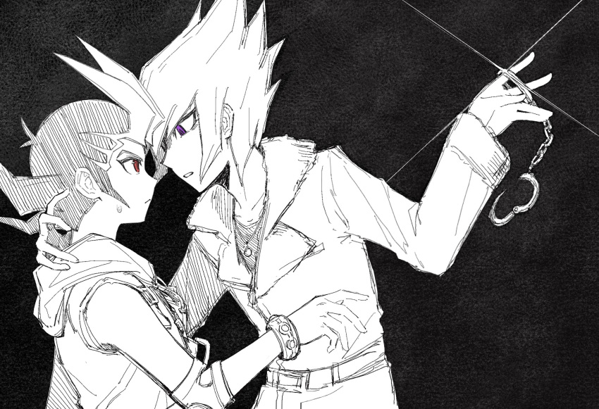 2boys, bare_shoulders, black_background, black_hair, black_shirt, bracelet, colored_bangs, cuffs