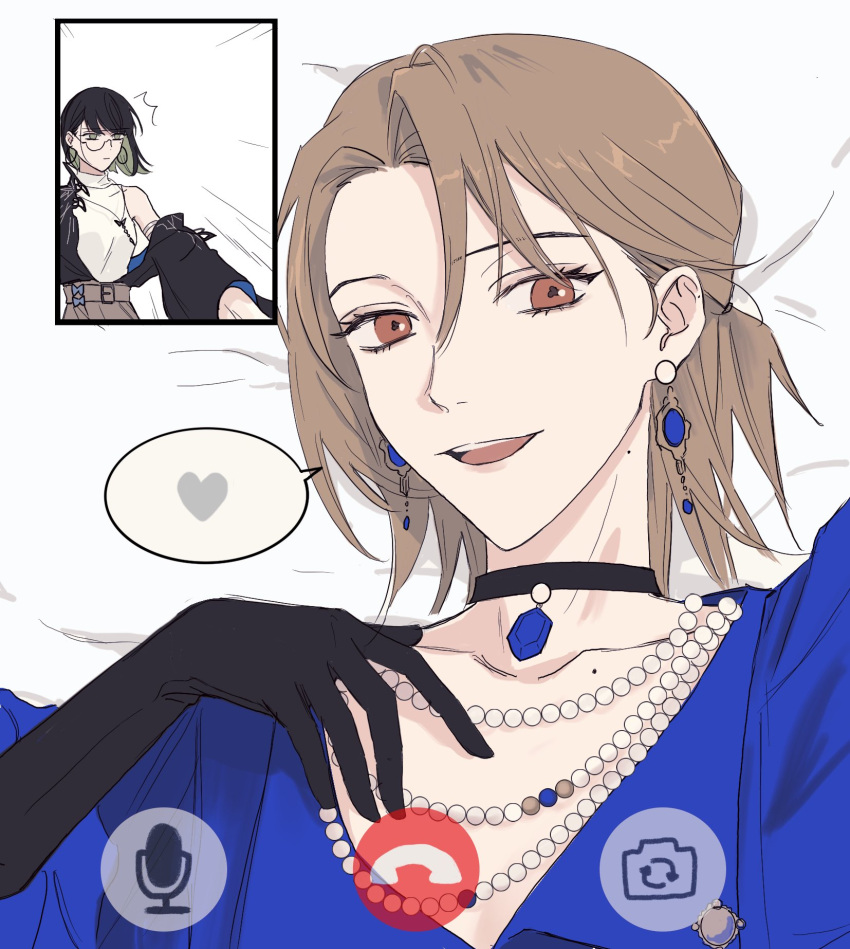 2girls, :d, ^^^, brown_eyes, brown_hair, brown_skirt, collarbone, commentary_request