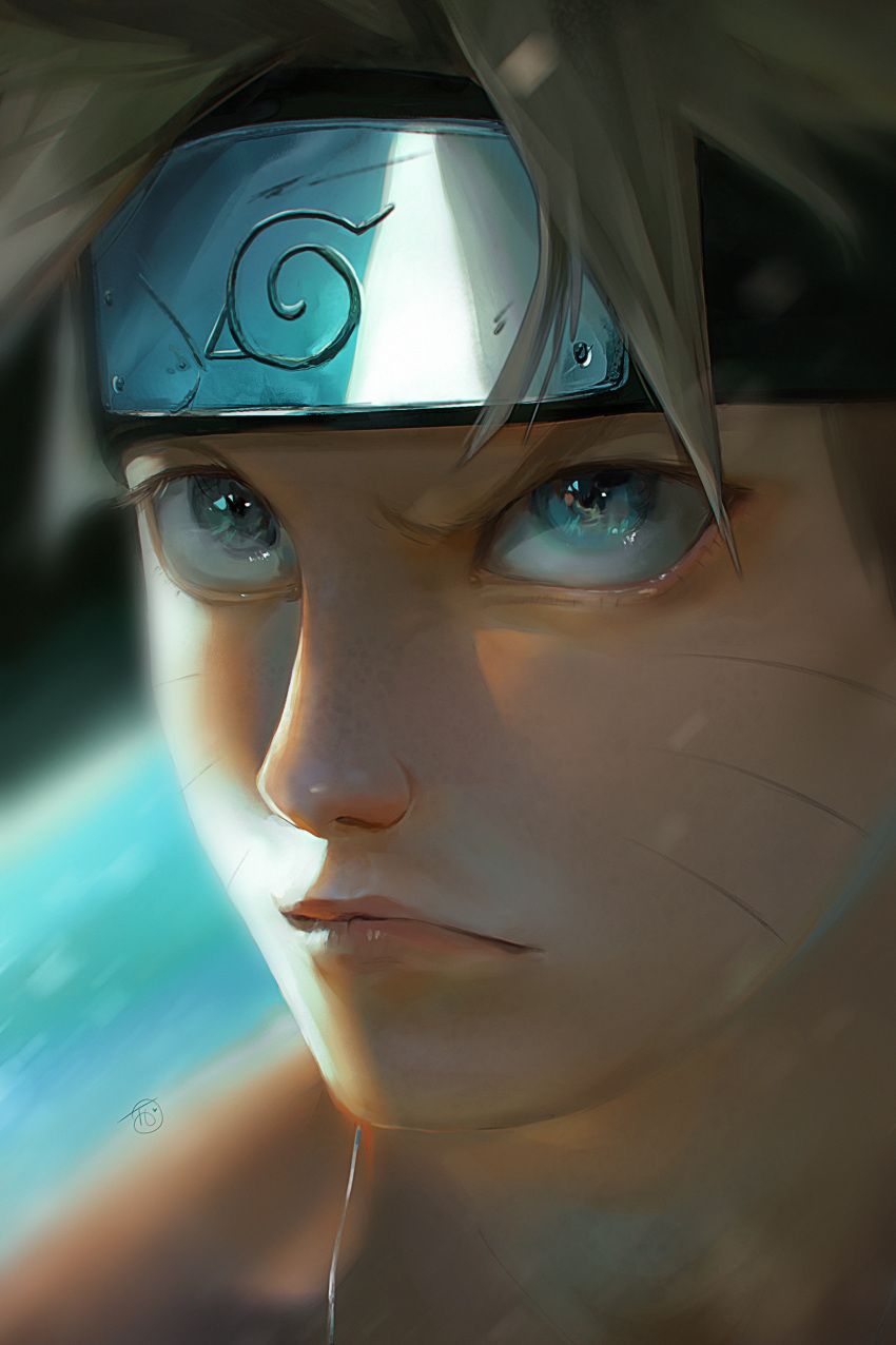1boy, blonde_hair, blue_eyes, eye_reflection, facial_mark, forehead_protector, highres, konohagakure_symbol