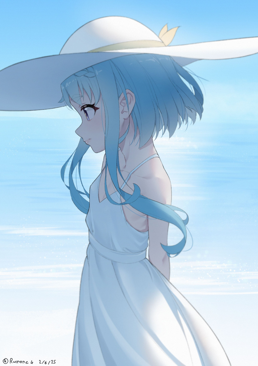 absurdres, alternate_costume, arms_behind_back, artist_name, blue_hair, closed_mouth, dated, dress