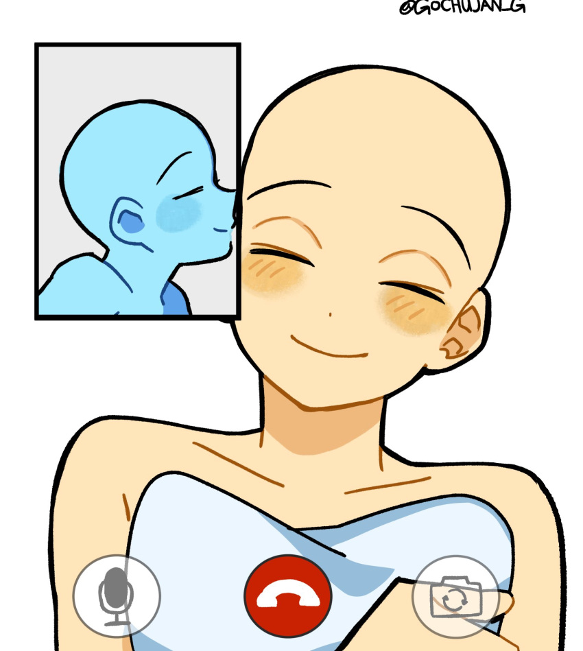 2others, bald, blush, closed_mouth, collarbone, commentary_request, fake_phone_screenshot, fake_screenshot