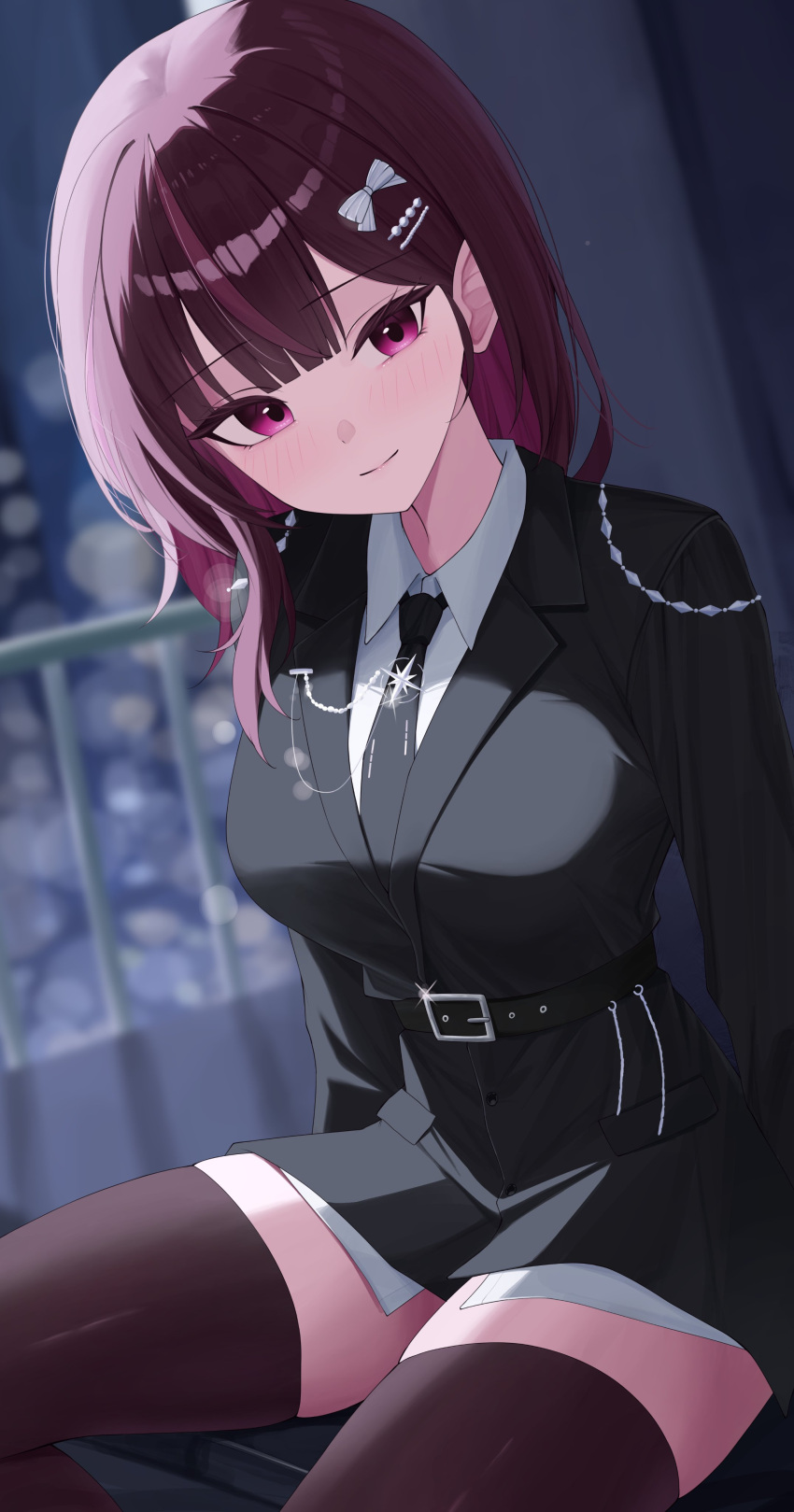 1girl, absurdres, belt, black_jacket, black_necktie, black_skirt, blazer, blurry