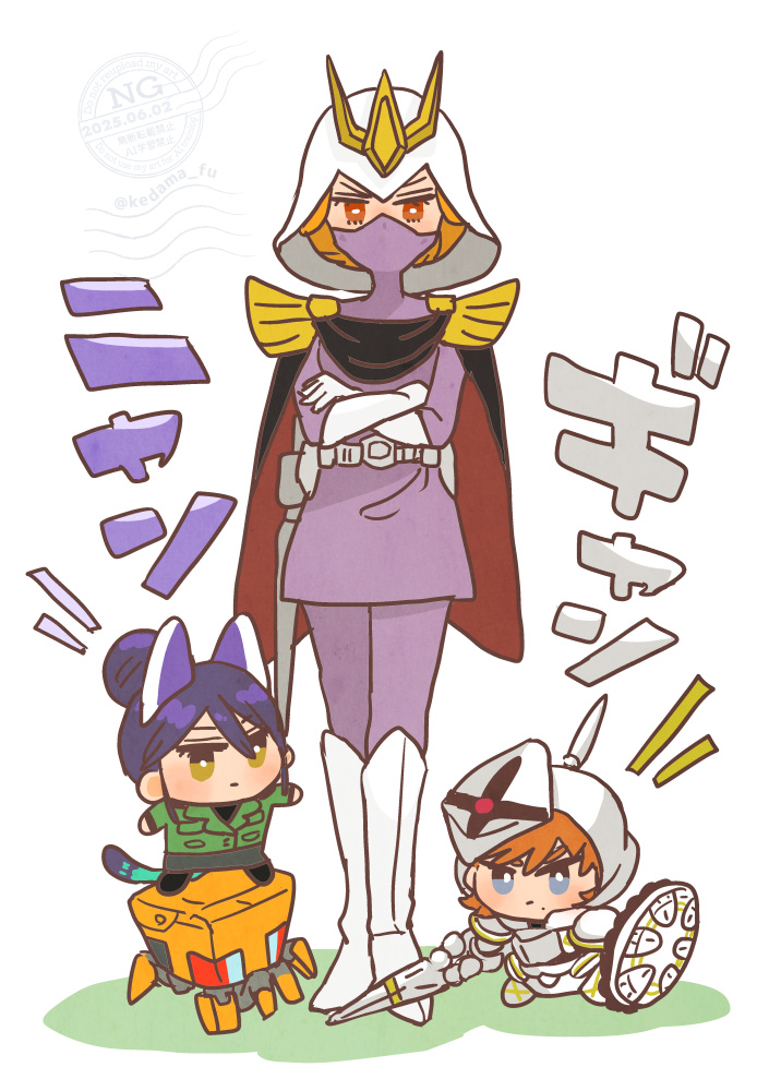 1boy, 2girls, animal_ears, black_hair, brown_eyes, brown_hair, cape, cat_ears