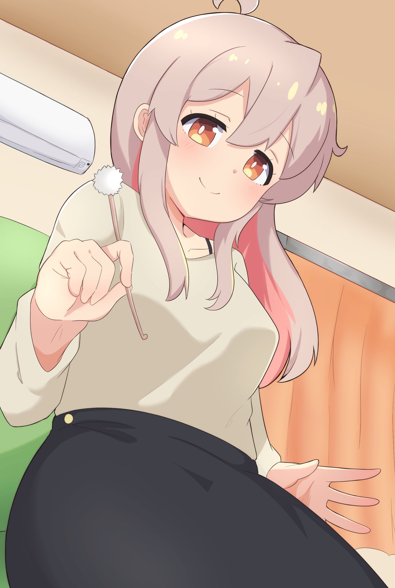 1girl, ahoge, air_conditioner, black_skirt, brown_eyes, colored_inner_hair, commentary, curtains, gogirimokke, grey_hair, hair_between_eyes, highres, indoors, lap_pillow_invitation, light_blush, long_hair, long_sleeves, looking_at_viewer, mimikaki, multicolored_hair, onii-chan_wa_oshimai!, oyama_mahiro, pink_hair, shirt, skirt, smile, solo, two-tone_hair, white_shirt