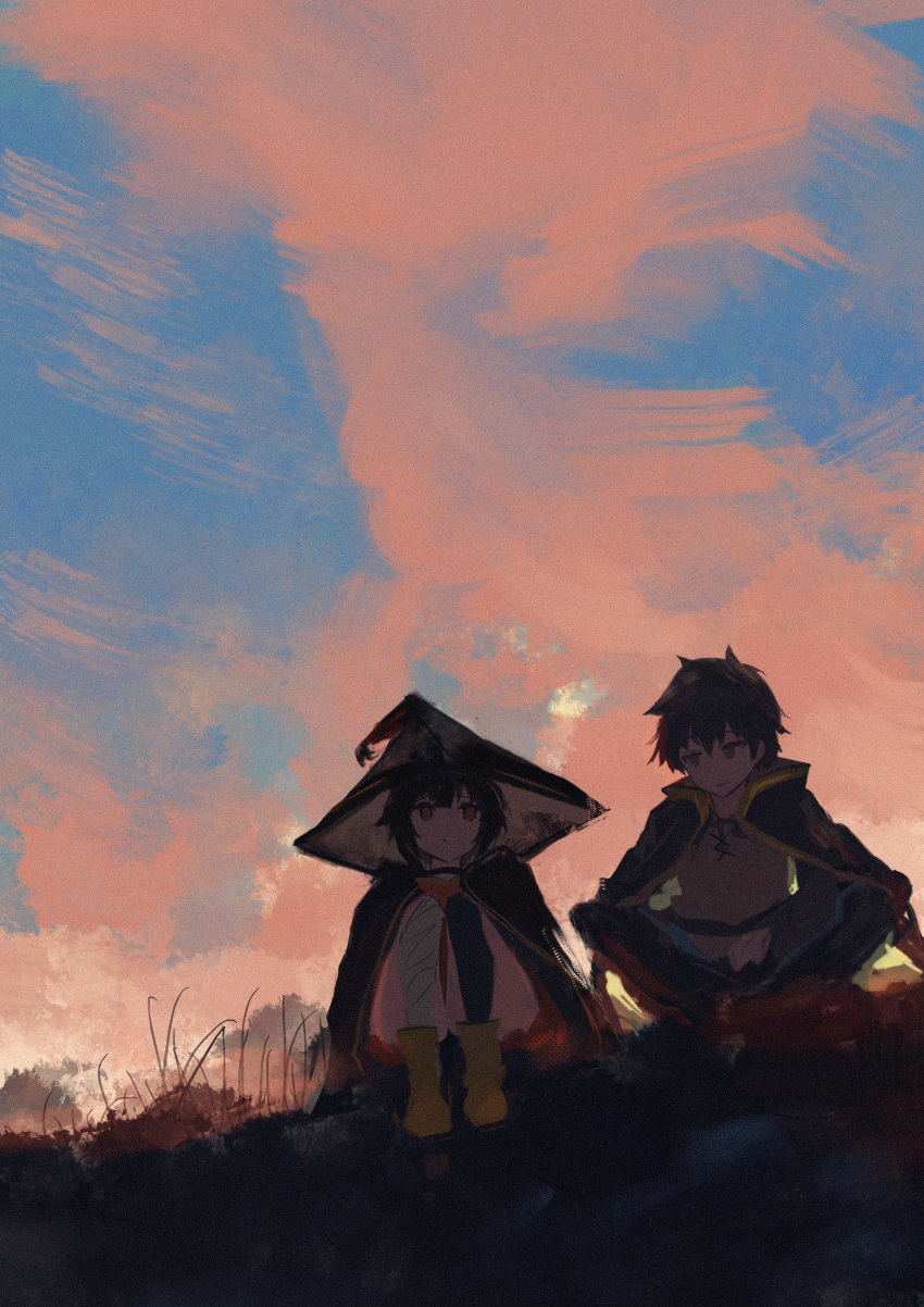 1boy, 1girl, absurdres, bandaged_leg, bandages, black_hair, cape, clouds, cloudy_sky, grass, green_cape, green_eyes, hat, highres, koukouya, looking_at_another, megumin, on_grass, pink_clouds, red_eyes, satou_kazuma, sitting, sky, sunset, witch_hat