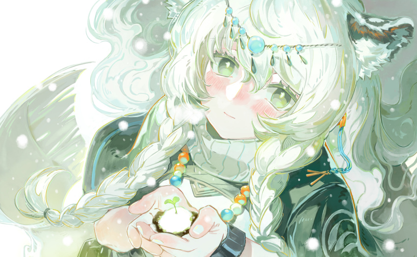 1girl, absurdres, arknights, bead_necklace, beads, blush, bracelet, bright_pupils