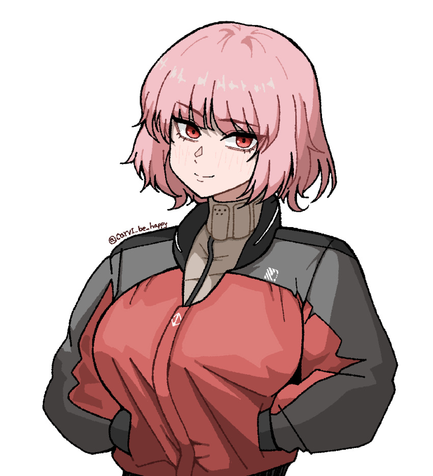 1girl, artist_name, black_jacket, blush, carvi_be_happy, closed_mouth, commentary, english_commentary, female_commander_(girls'_frontline), girls'_frontline_2:_exilium, girls_frontline, hands_in_pockets, highres, jacket, looking_at_viewer, multicolored_jacket, pink_hair, red_eyes, red_jacket, short_hair, simple_background, smile, solo, twitter_username, two-tone_jacket, upper_body, white_background