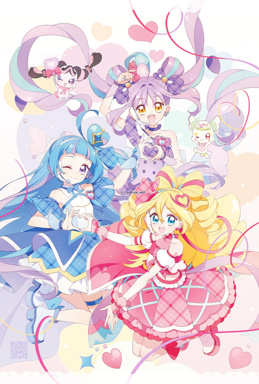 3girls, :d, ahoge, ankle_boots, aokaze_nana, arm_warmers, artist_name, bare_shoulders