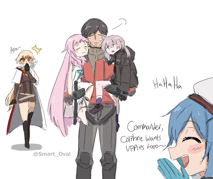 1boy, 4girls, artist_name, beret, black_gloves, black_hair, black_jacket, black_pants, blonde_hair, blue_hair, blush_stickers, brown_jacket, closed_eyes, closed_mouth, coat, colphne_(girls'_frontline_2), commander_(girls'_frontline), english_text, facing_viewer, girls'_frontline_2:_exilium, girls_frontline, gloves, groza_(girls'_frontline_2), hat, helena_(girls'_frontline_2), highres, jacket, long_hair, m200_(girls'_frontline), multicolored_jacket, multiple_girls, open_clothes, open_coat, open_mouth, orange_eyes, ots-14_(girls'_frontline), pants, pink_hair, red_jacket, short_hair, simple_background, smart_oval, standing, sweatdrop, teeth, twitter_username, two-tone_jacket, upper_teeth_only, white_background, white_coat, white_hat, wing-shaped_hair