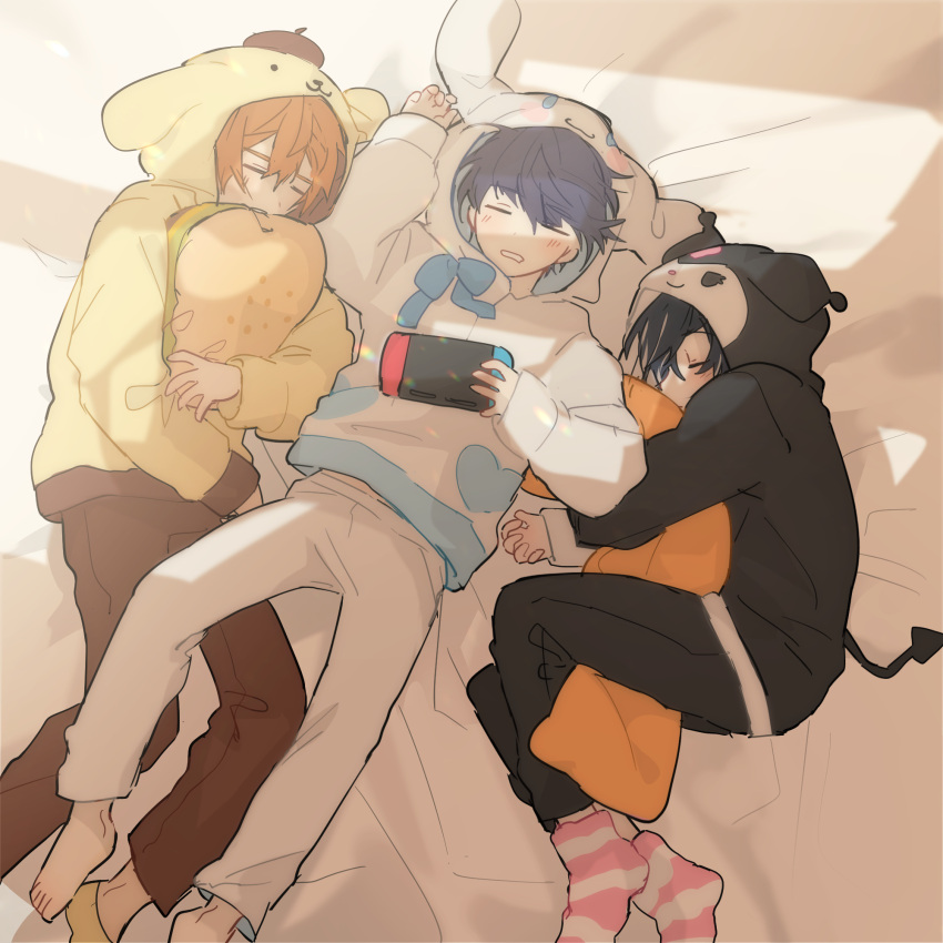 beelzebub_(obey_me!), belphegor_(obey_me!), blue_hair, brothers, cinnamoroll, closed_eyes, cuddling, demon