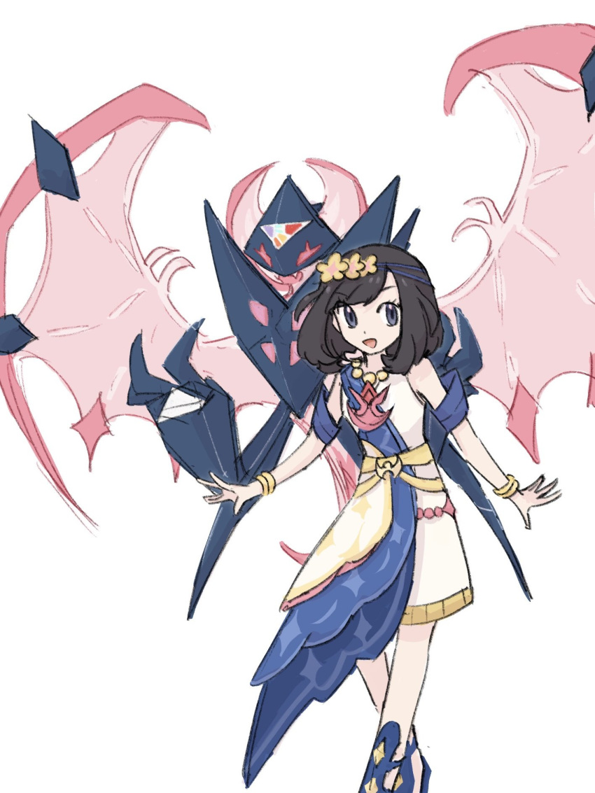 1girl, alternate_color, black_eyes, black_hair, blush, bracelet, breasts, claws