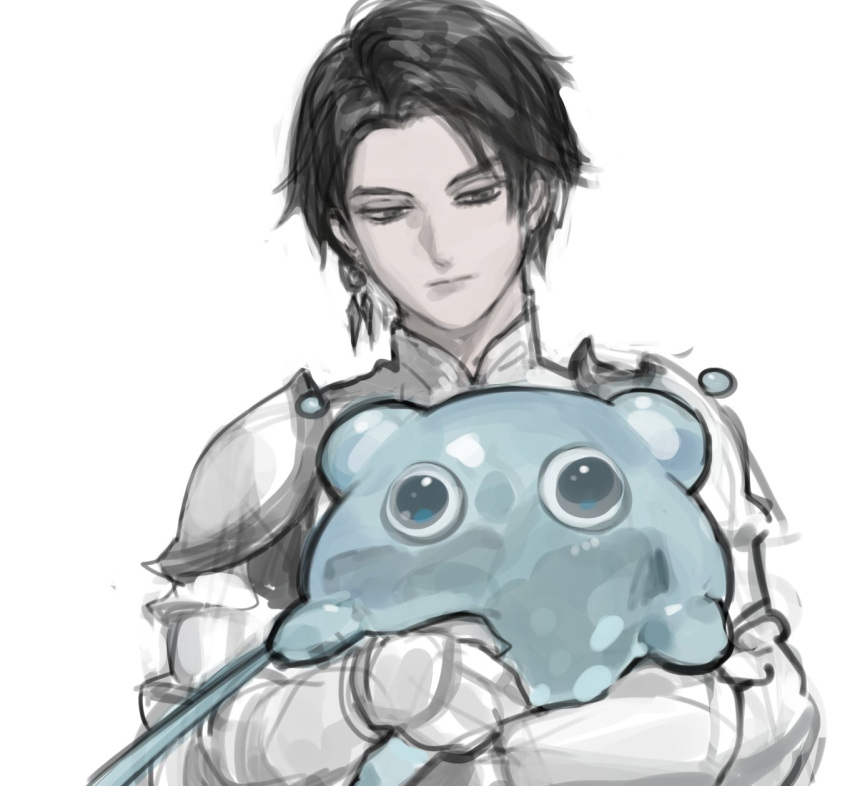 1girl, androgynous, armor, black_eyes, black_hair, creature, earrings, expressionless