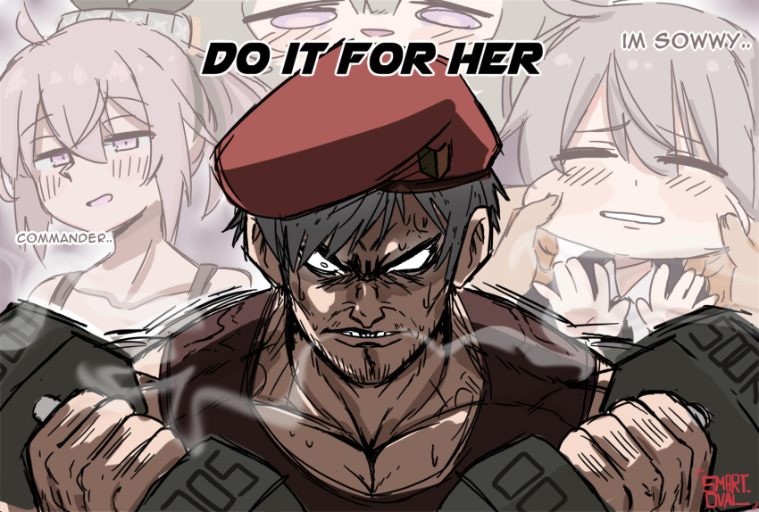 1boy, 1girl, artist_name, barbell, beret, brown_hair, cheek_pinching, clenched_teeth, commander_(girls'_frontline), do_it_for_her_(meme), english_text, exercising, girls_frontline, grey_hair, griffin_&amp;_kryuger_military_uniform, hat, highres, m200_(girls'_frontline), m200_(war_correspondent)_(girls'_frontline), meme, muscular, muscular_male, pinching, serious, smart_oval, teeth, violet_eyes, weightlifting