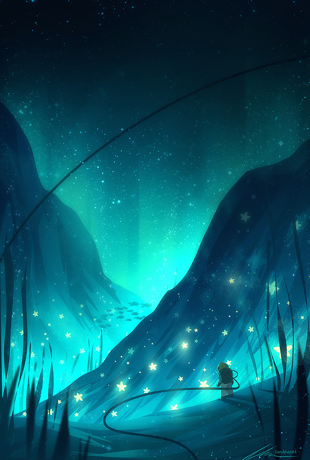 1other, artist_name, commentary, diving, diving_suit, fish, glowing, kelp