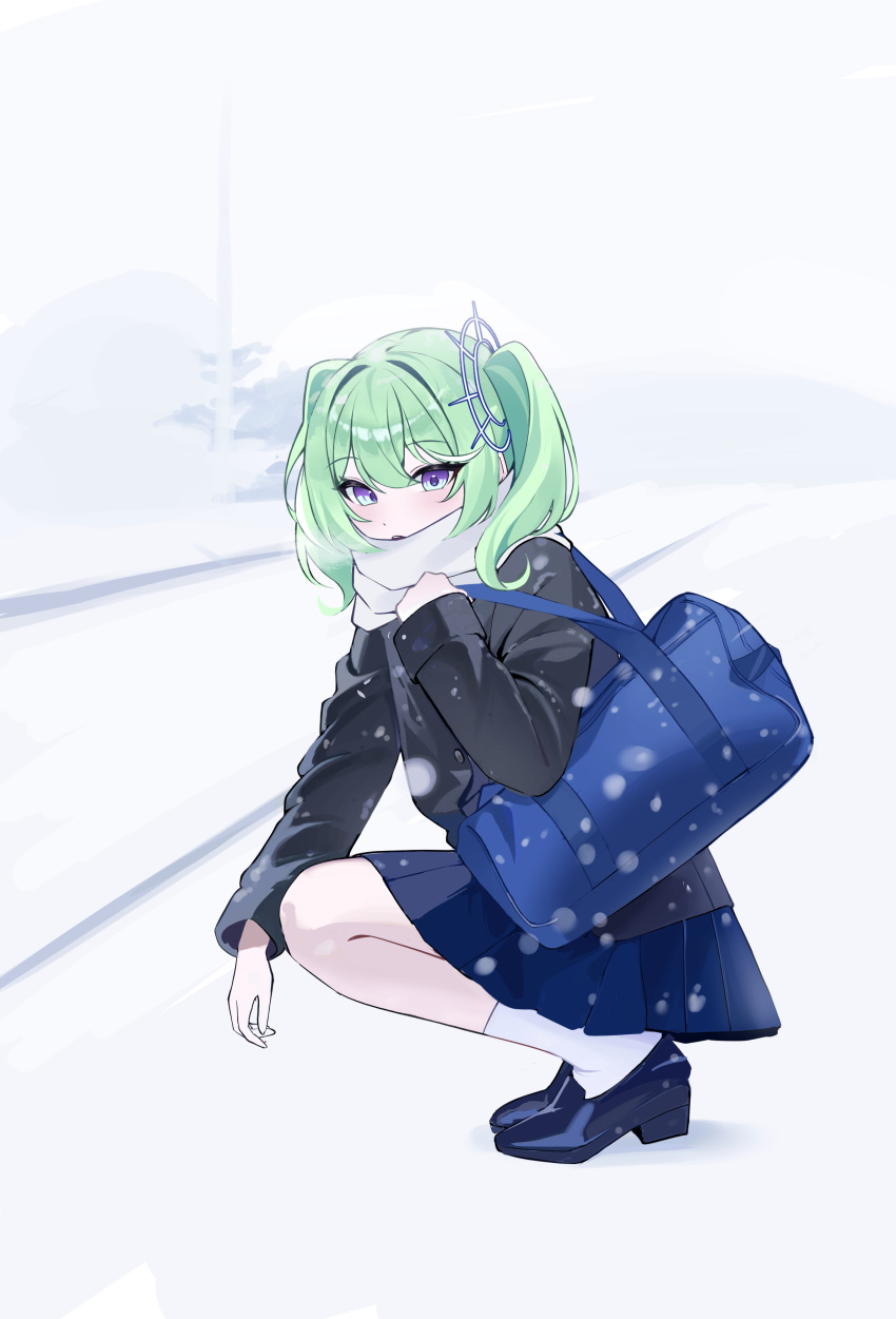1girl, absurdres, bag, black_jacket, black_shoes, blue_skirt, g_godocbaek, green_hair