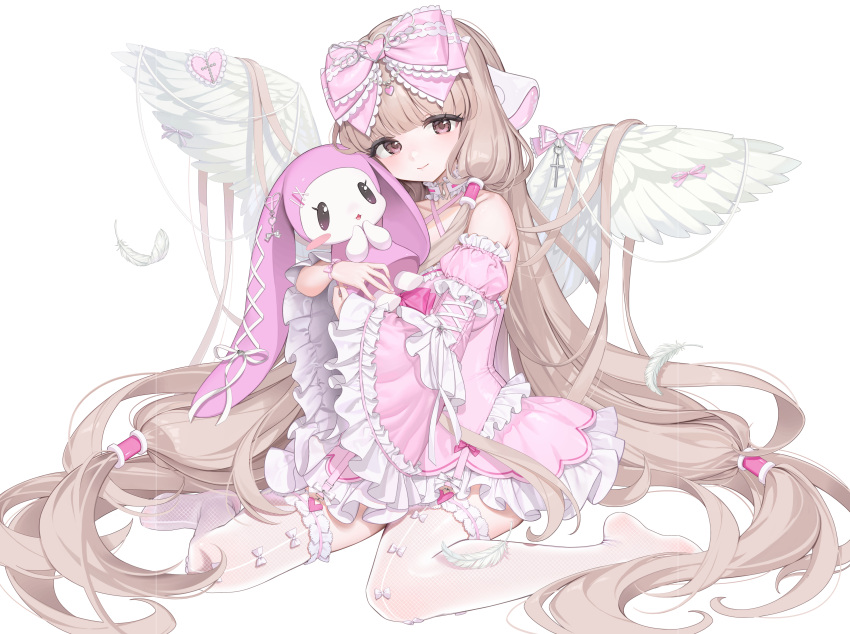 1girl, absurdres, android, angel_wings, atashi_(chobits), bare_shoulders, blonde_hair, blush, bow, chii, chobits, detached_sleeves, dress, feathered_wings, frills, hair_bow, hair_spread_out, hair_tubes, highres, lolita_fashion, long_hair, long_sleeves, looking_at_viewer, mika_030, persocom_(chobits), pink_bow, pink_dress, ribbon, robot_ears, simple_background, sitting, thigh-highs, very_long_hair, white_background, white_wings, wings