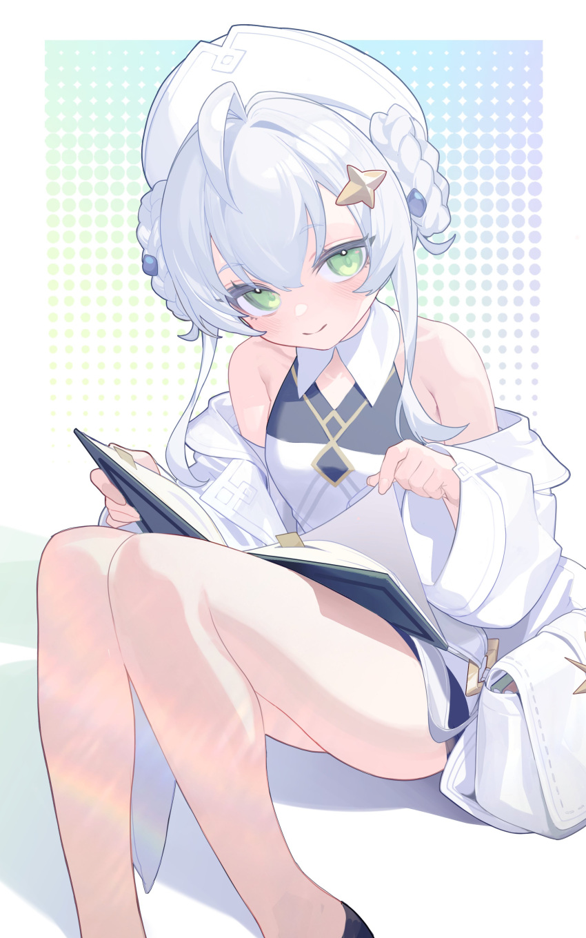 1girl, absurdres, ahoge, amejaga, armpit_crease, bare_shoulders, bastelina_(stella_sora), blue_background