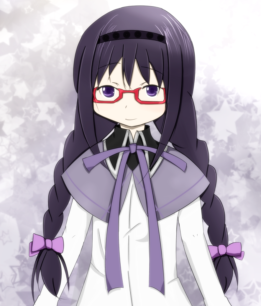 akemi_homura, alternate_hairstyle, braid, glasses, hair_ribbon, hairband, long_hair, magical_girl, mahou_shoujo_madoka_magica, osakilo, purple_eyes, purple_hair, red-framed_glasses, ribbon, smile, solo, spoilers, twin_braids, violet_eyes
