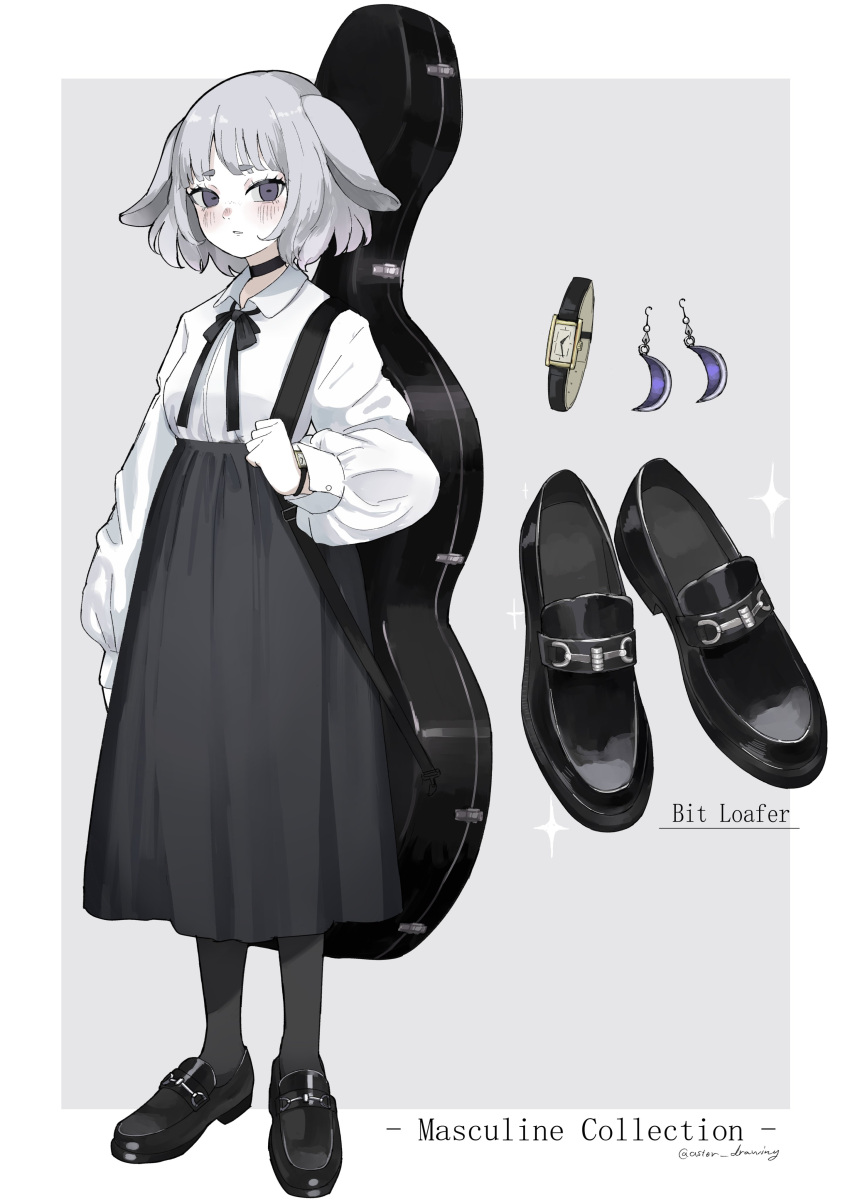 1girl, absurdres, animal_ears, arm_at_side, aster_drawing, black_choker, black_shoes, black_skirt