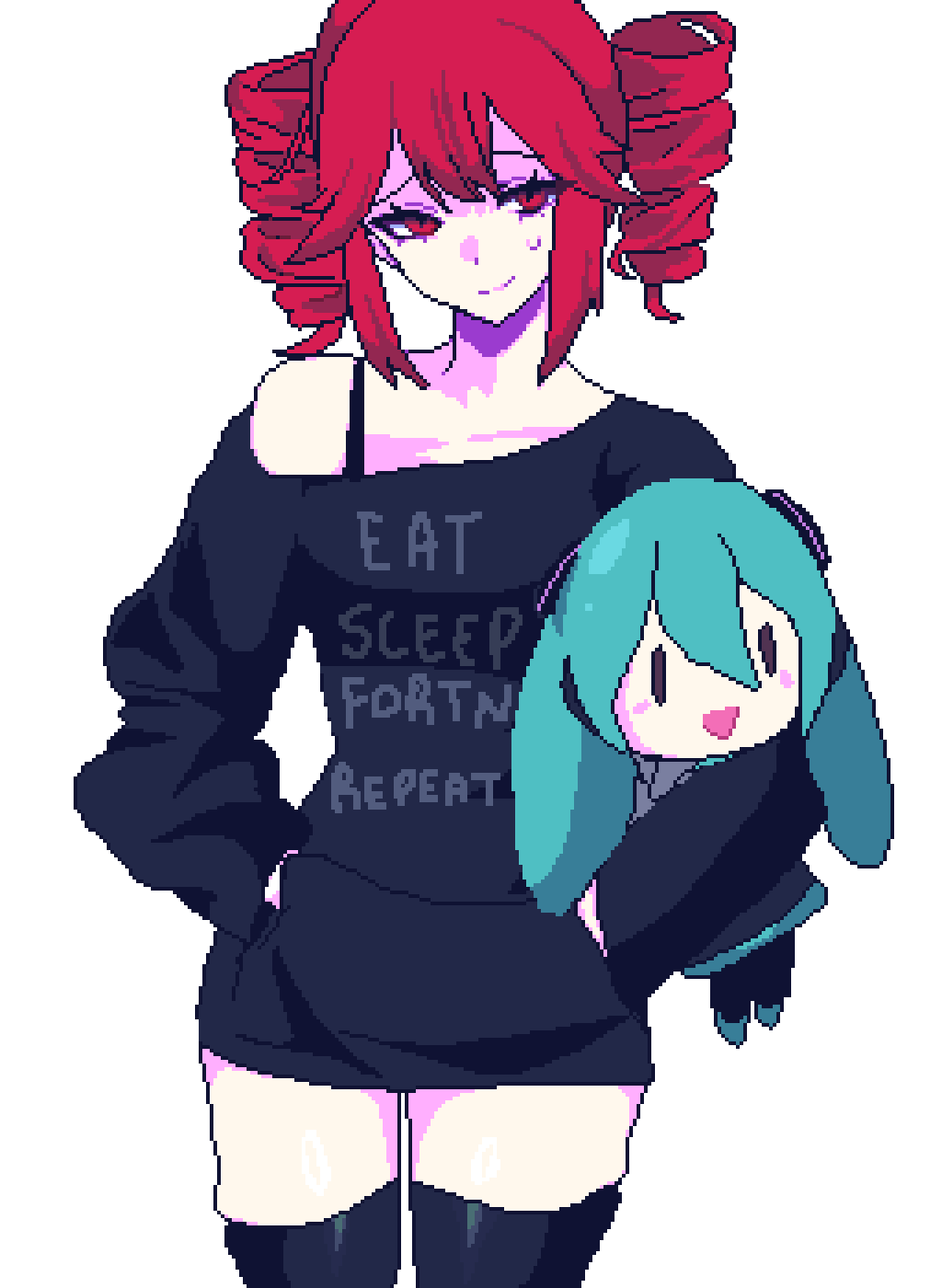 1girl, alternate_costume, black_hoodie, black_thighhighs, cowboy_shot, drill_hair, eat_sleep_rave_repeat, english_commentary, gamer_shirts_(meme), hands_in_pockets, hatsune_miku, highres, holding, holding_stuffed_toy, hood, hoodie, kasane_teto, kasane_teto_(utau), looking_at_viewer, meme, pixel_art, pixelcadete, red_eyes, red_hair, short_hair, single_bare_shoulder, smirk, solo, standing, stuffed_toy, sweatdrop, thigh-highs, twin_drills, twintails, utau, vocaloid
