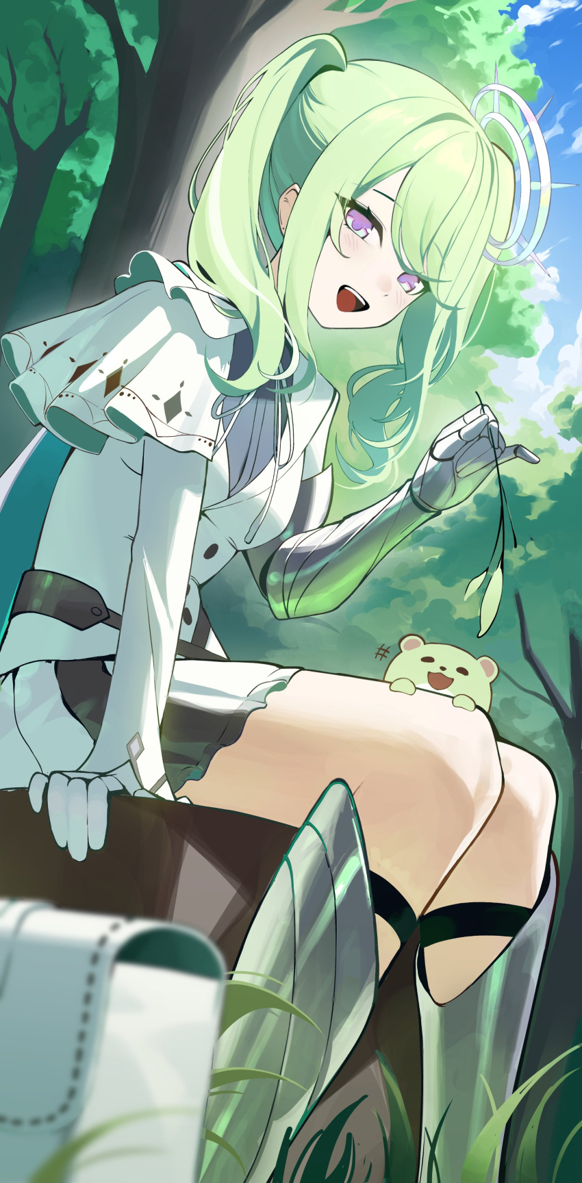 1girl, absurdres, armor, blurry, chico_(yuzuha_riko), depth_of_field, g_godocbaek, gauntlets, gloves, greaves, green_hair, hair_ornament, hashtag-only_commentary, highres, jacket, long_hair, long_sleeves, looking_at_viewer, miniskirt, open_mouth, sidelocks, single_gauntlet, sitting, skirt, smile, solo, stellive, twintails, undershirt, violet_eyes, virtual_youtuber, white_gloves, white_jacket, white_skirt, yuzuha_riko