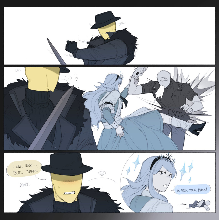 1boy, 1girl, 1other, apron, bald, black_coat, black_gloves, black_hairband, black_hat, black_sweater, blue_dress, blue_hair, blue_pants, coat, colored_skin, dream_game, dress, eunoia_(dream_game), fedora, gloves, hairband, hat, highres, juliet_sleeves, kicking, long_hair, long_sleeves, mafioso_(dream_game), open_mouth, pants, puffy_sleeves, roblox, sidelocks, simple_background, sweater, v1kov, white_apron, white_background, yellow_skin