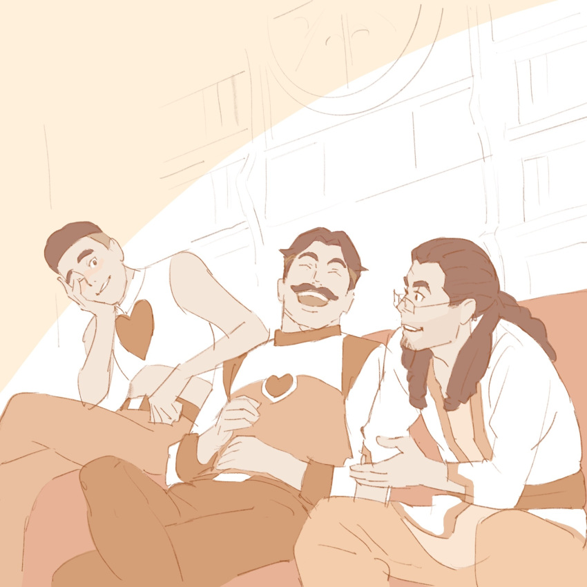 3boys, 55bata6rou, beard_stubble, belt, bow_(she-ra), brown_theme, closed_eyes, couch