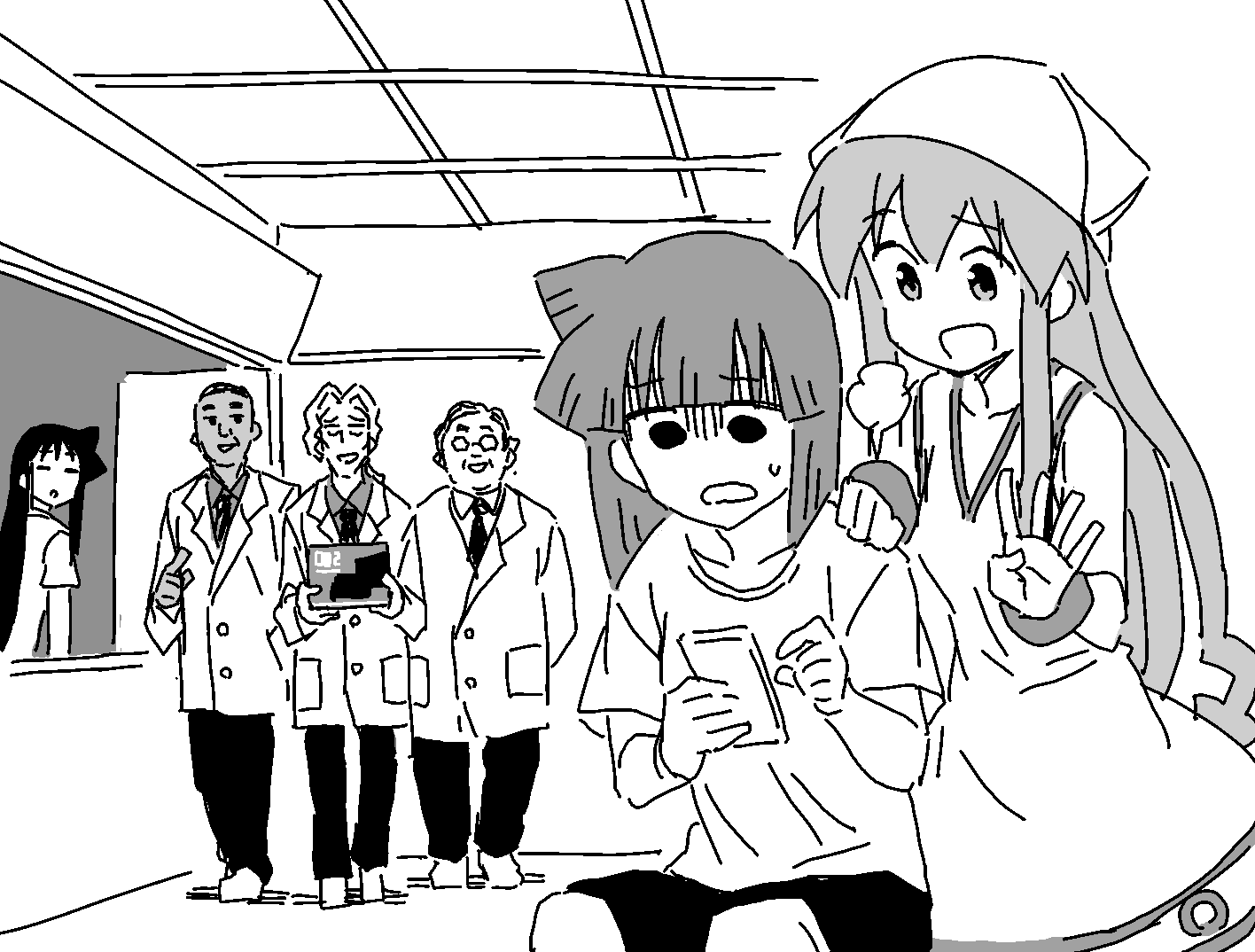 3boys, 3girls, aizawa_chizuru, aizawa_eiko, anbe_masahiro, box, ceiling, clark_(ikamusume), comforting, dress, greyscale, hand_on_another's_shoulder, harris_(ikamusume), hat, holding, holding_box, holding_phone, ikamusume, indoors, lab_coat, martin_(ikamusume), monochrome, multiple_boys, multiple_girls, necktie, nintendo_switch_2, number_four_(asl), phone, puff_of_air, shinryaku!_ikamusume, shirt, shorts, sitting, sleeveless, sleeveless_dress, squid_hat, sweatdrop, t-shirt, tentacle_hair, turn_pale