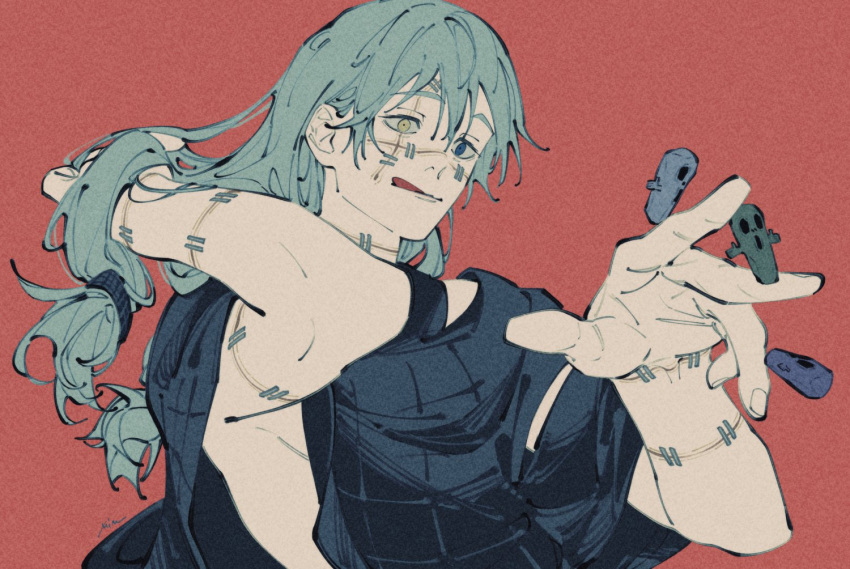 1boy, :d, arm_up, blue_eyes, cursed_spirit_(jujutsu_kaisen), film_grain, grey_hair, hair_behind_ear