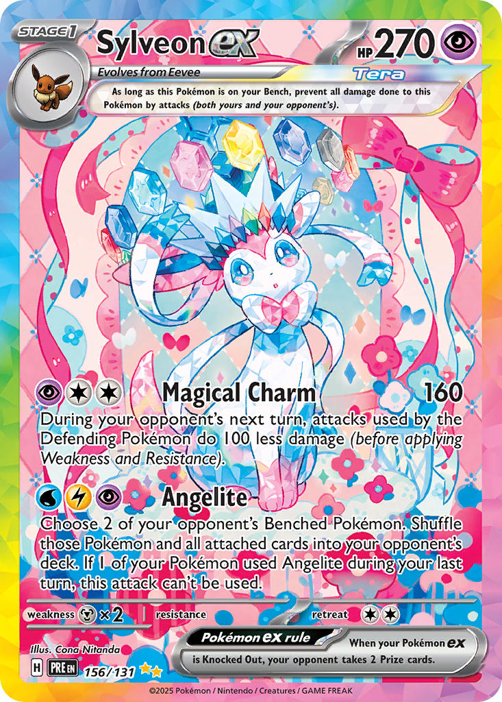 :o, animal_focus, artist_name, bow, card_(medium), character_name, company_name, copyright_name, copyright_notice, dot_nose, eevee, english_text, gem, nitanda_cona, no_humans, official_art, open_mouth, pokemon, pokemon_(creature), pokemon_card, pokemon_focus, pokemon_tcg, ribbon, solo, sylveon, terastallization, third-party_source, trading_card