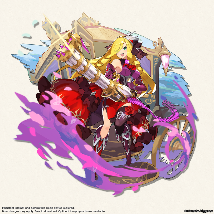 1girl, bare_shoulders, blonde_hair, breasts, carriage, chelle_(dragalia_lost), copyright_notice, crown, detached_sleeves, dragalia_lost, dress, gatling_gun, green_eyes, large_breasts, minigun, official_art, open_mouth, red_dress, saitou_naoki