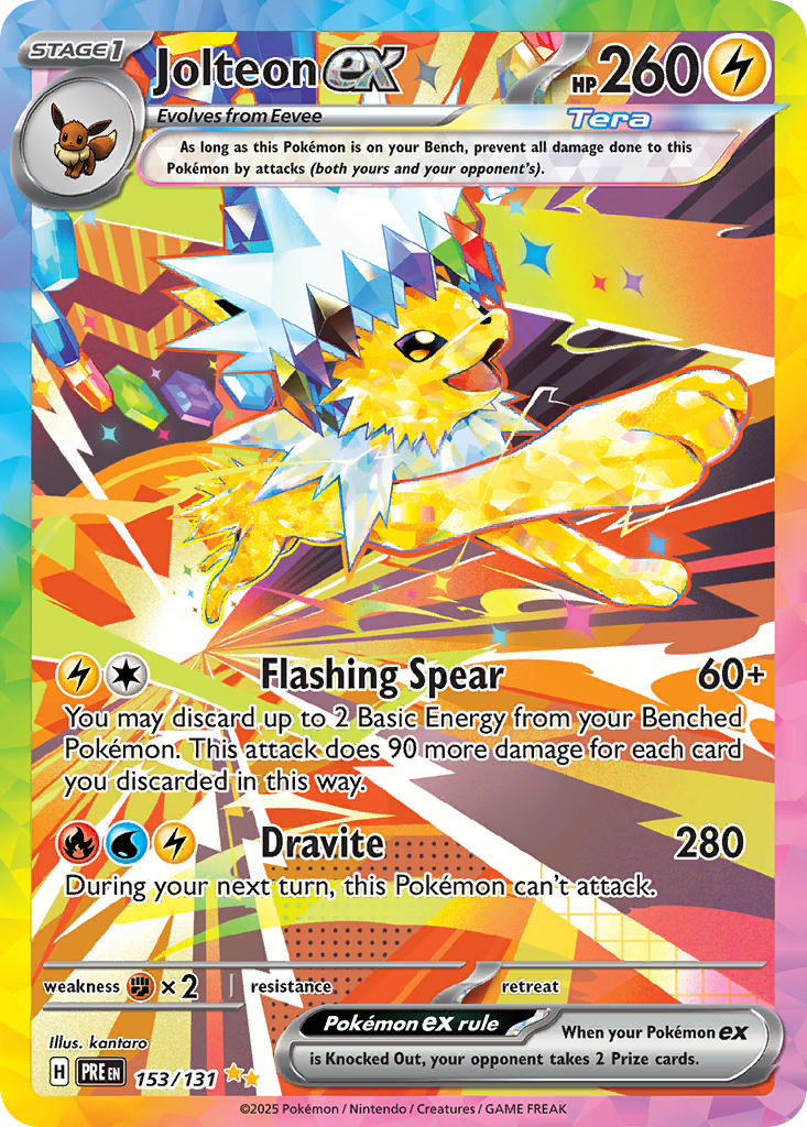 akikan_(kantaro), animal_focus, artist_name, card_(medium), character_name, company_name, copyright_name, copyright_notice, eevee, electricity, english_text, jolteon, no_humans, official_art, open_mouth, pokemon, pokemon_(creature), pokemon_card, pokemon_focus, pokemon_tcg, running, smile, solo, sparkle, terastallization, third-party_source, trading_card