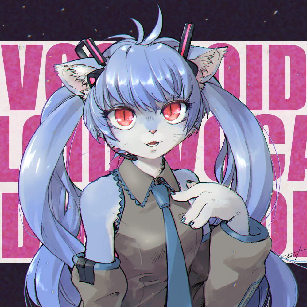 1girl, animal_ears, black_skirt, black_sleeves, blue_hair, blue_necktie, cat_ears, cat_girl