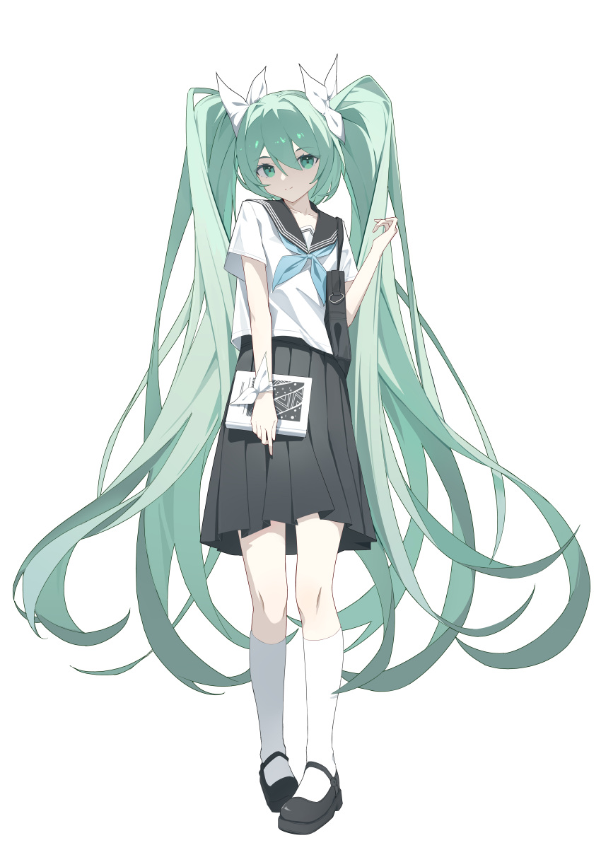 1girl, absurdres, aqua_eyes, aqua_hair, bag, black_bag, black_sailor_collar, black_shoes, black_skirt, book, full_body, hatsune_miku, highres, holding, holding_book, kneehighs, long_hair, looking_at_viewer, mary_janes, pleated_skirt, sailor_collar, sanzen_rakusetsu_chu, school_uniform, serafuku, shirt, shoes, shoulder_bag, simple_background, skirt, socks, solo, standing, twintails, vocaloid, white_background, white_shirt, white_socks