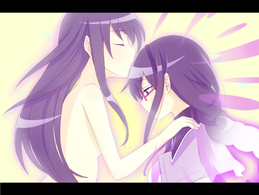 akemi_homura, alternate_hairstyle, braid, closed_eyes, connect_(madoka_magica), dual_persona, eyes_closed, forehead_kiss
