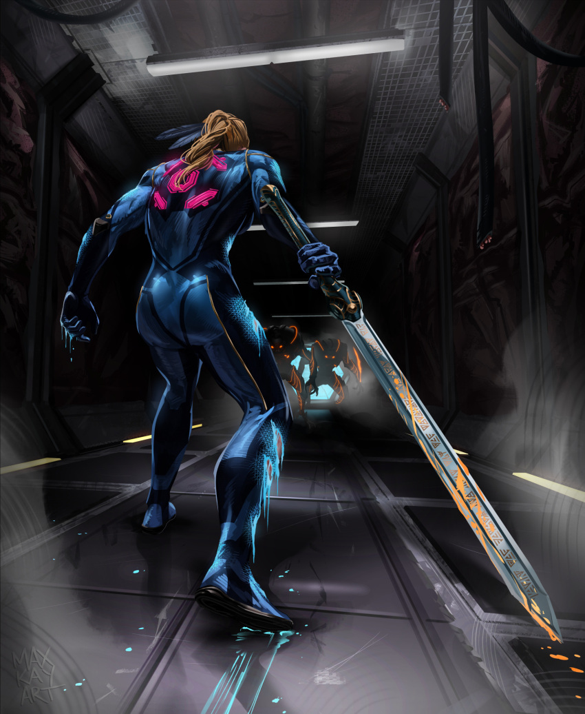 1girl, alien, artist_name, blonde_hair, blood, blood_on_weapon, blue_bodysuit, bodysuit