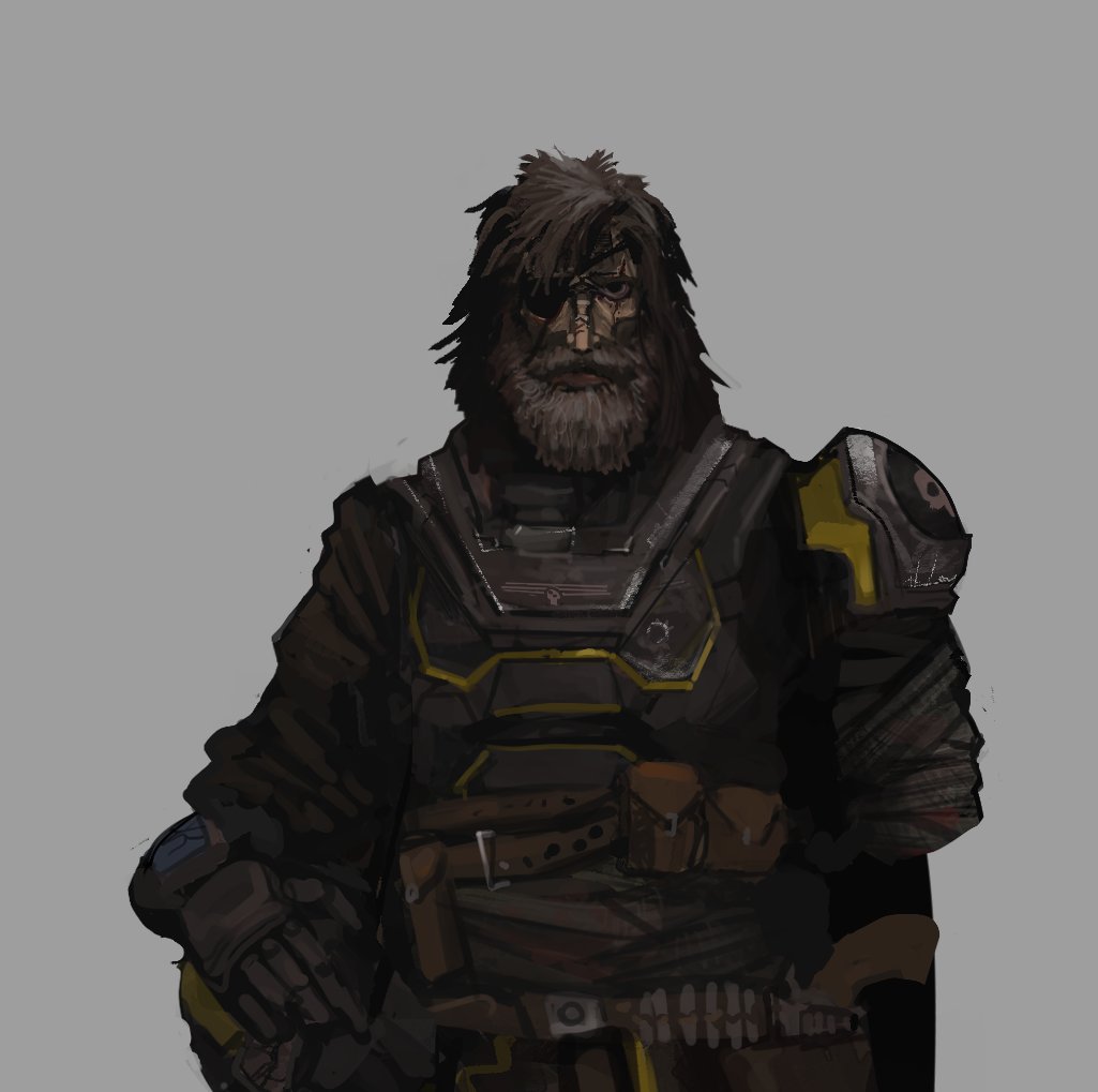 1boy, ammunition_belt, ammunition_pouch, armor, bandana, beard, cape, eyepatch