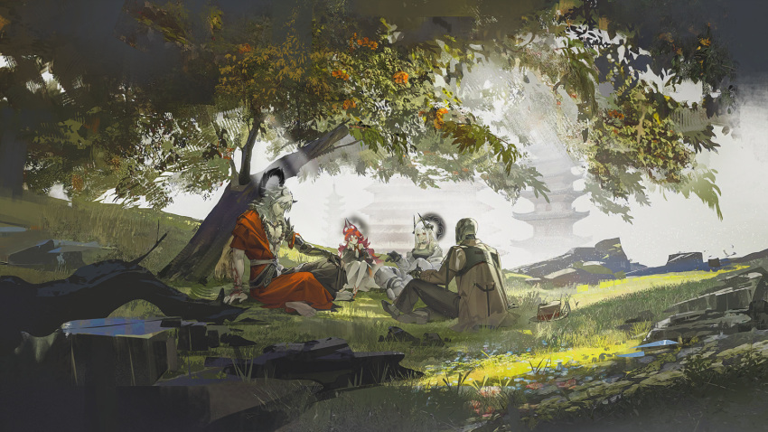 2boys, 2girls, architecture, arknights, building, day, east_asian_architecture, fog