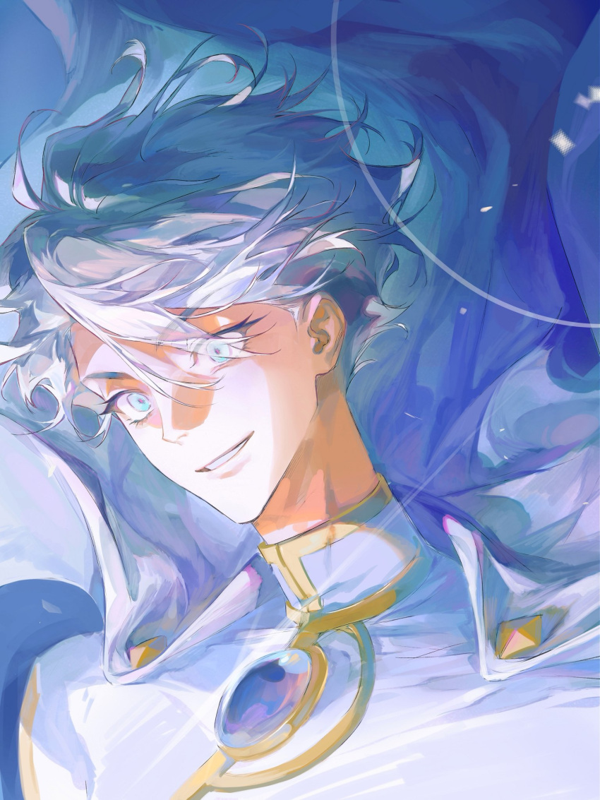 1boy, blue_eyes, cape, eyelashes, eyeliner, high_collar, highres, lllanxi, long_neck, makeup, male_focus, nice_(to_be_hero_x), shirt, short_hair, smile, solo, superhero_costume, teeth, to_be_hero, to_be_hero_x, white_hair, white_shirt