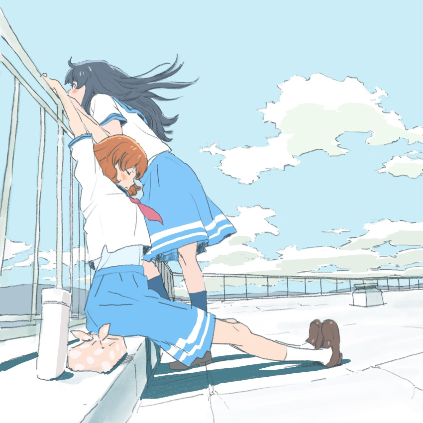 2girls, 55bata6rou, against_railing, arms_up, bento, black_hair, blue_sailor_collar, blue_skirt