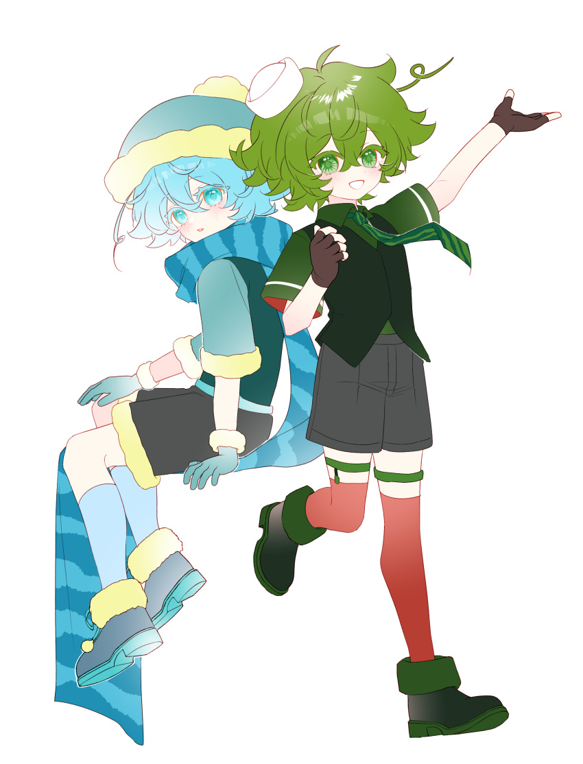 2boys, :d, absurdres, ankle_boots, arm_up, back-to-back, beanie, black_boots